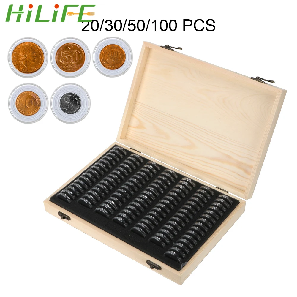 

HILIFE Coin Storage Box With Adjustment Pad 20/30/50/100PCS Adjustable Wooden Commemorative Coin Collection Case Holder Capsules