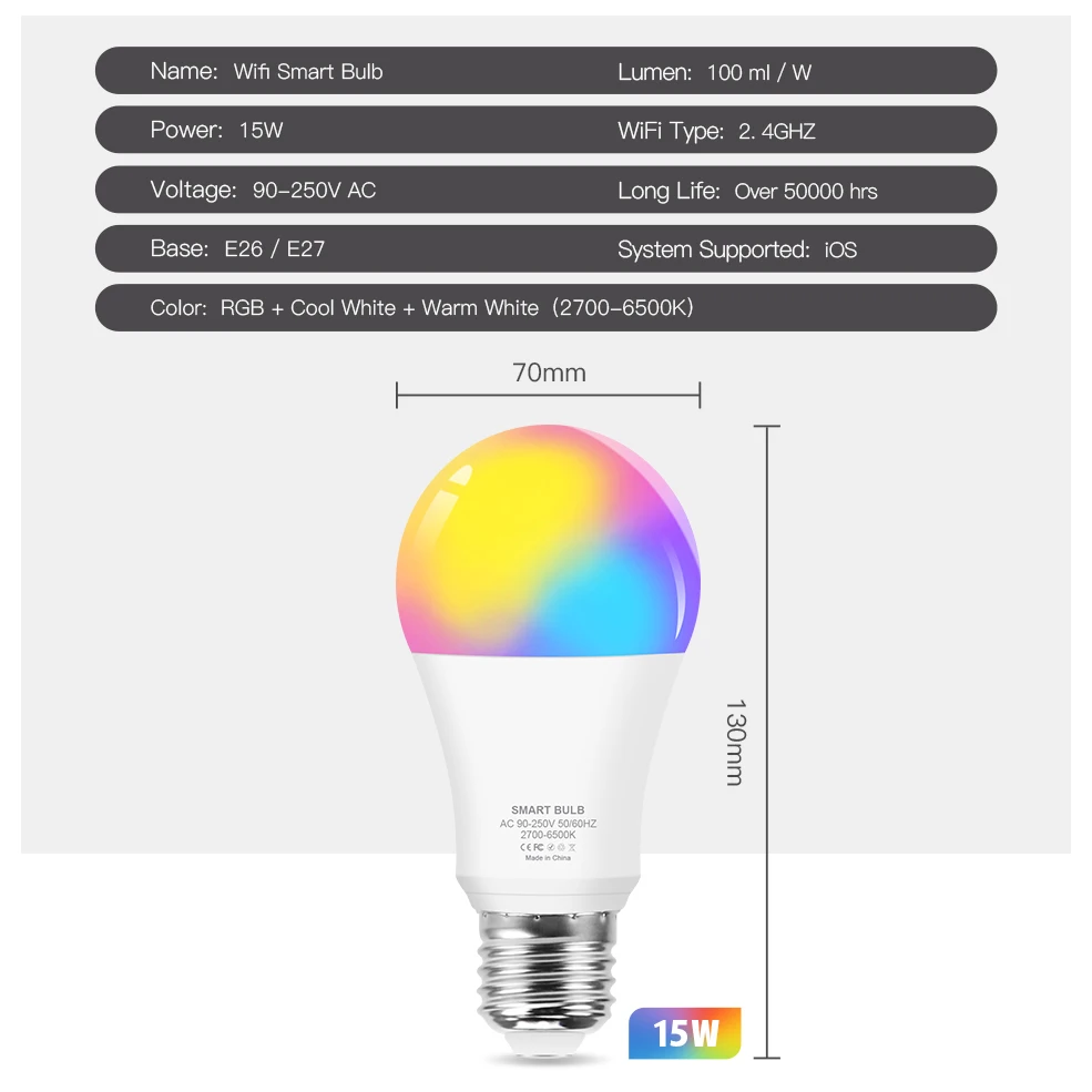 Wifi Smart LED Light Bulb RGB Warm White Cool White Remove Control 15W E26 E27 Application For IOS Siri Alexa Goole Assistant
