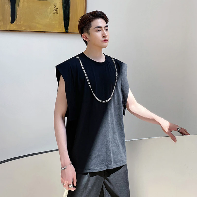 Personalized chain hip hop vest loose T-shirt summer heavy metal sleeveless ins Street Top Men's European and American fashion b