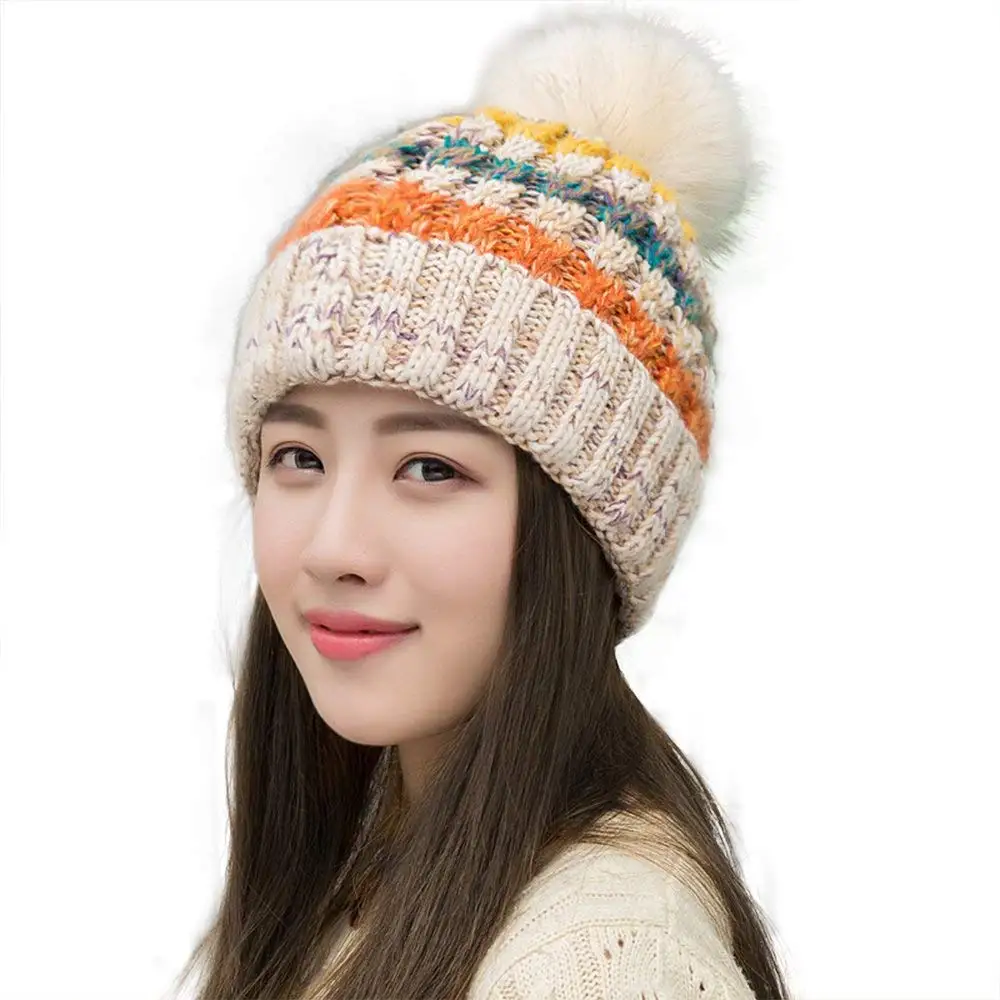 Women and Girl Fleece Lined Beanie Winter Knit Ear Flaps Skiing Mountaineering Hat with Pompom Cable Faux Knitted Hat