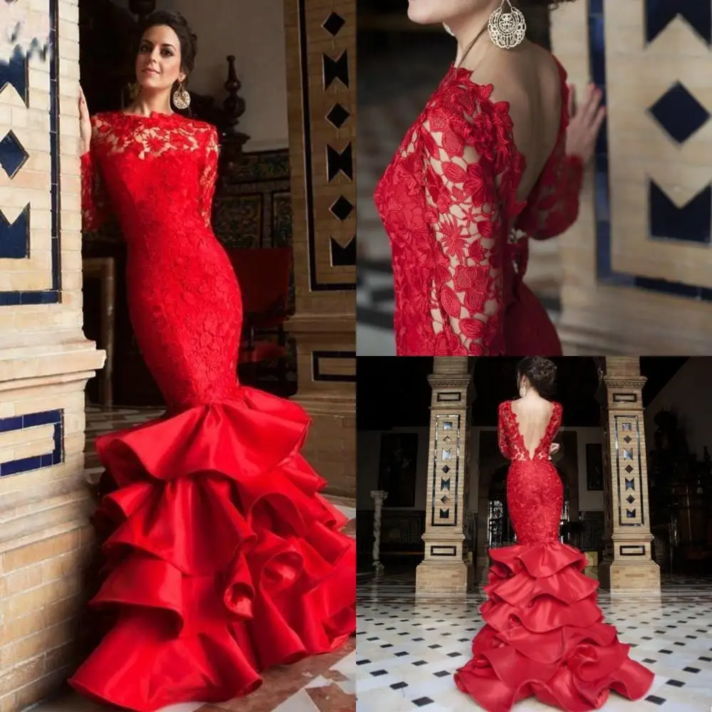 2020 Red Mermaid Backless Evening Dresses Lace Sexy Backless Tiered Ruffles Bateau Illusion Sweep Train Prom Dress Party Gowns