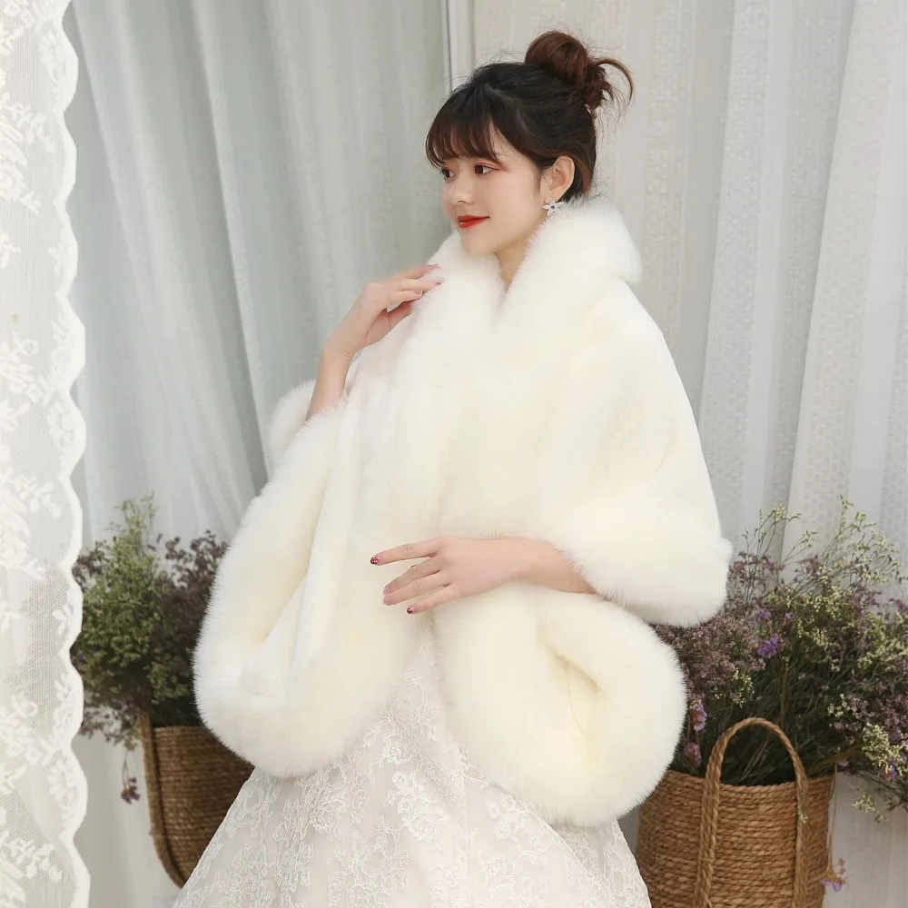 JaneVini Elegant Burgundy Wedding Jacket Furry Bridal Faux Fur Shawl Wrap Winter Bolero Cloak Women Evening Party Stole In Stock