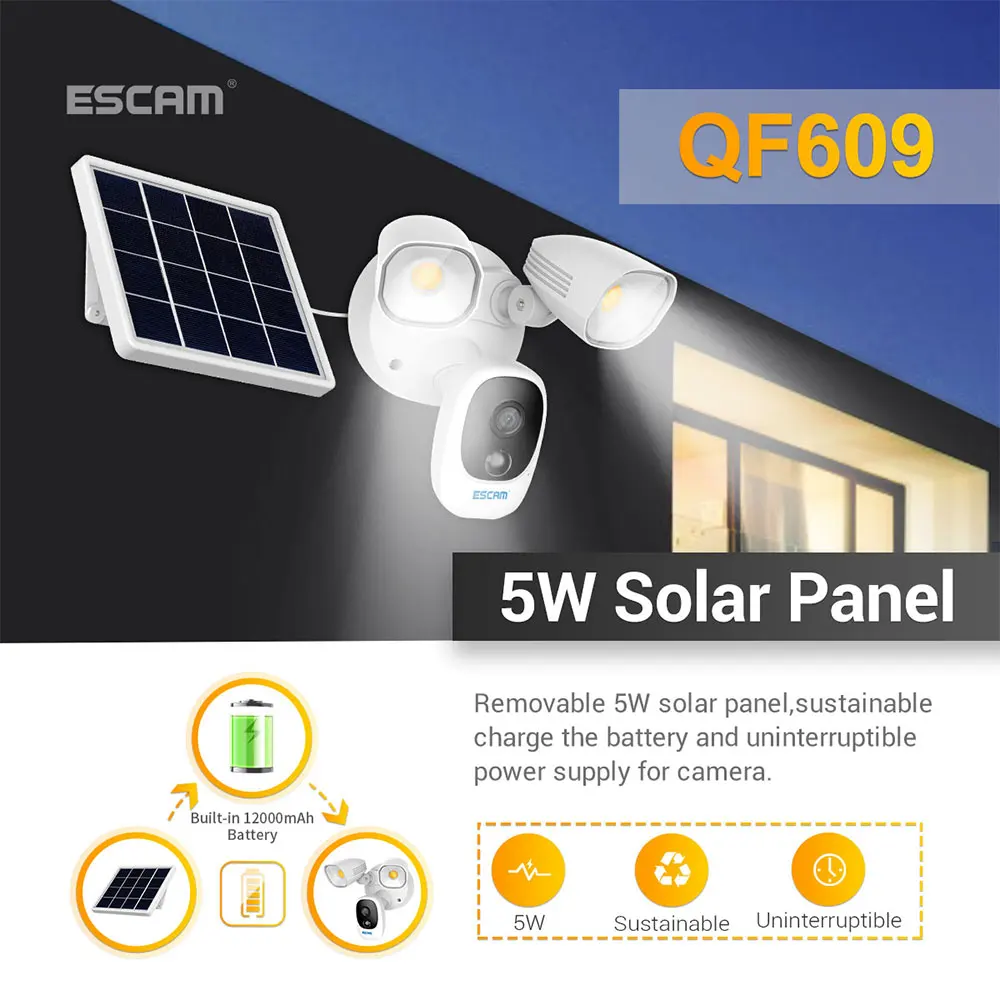 ESCAM QF609 2MP 1080P Solar Power Courtyard Lamp  IP  Camera Outdoor Water-Proof Home Security Monitor Battery WIFI  Camera