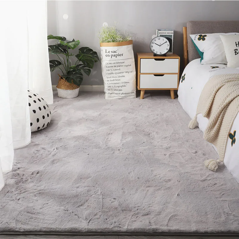 Light Grey Fur Carpet Super Soft Faux Rabbit Fur Rug Non Slip Floor Carpet Mat Washable Rug Bedroom Living Room Decor Carpet