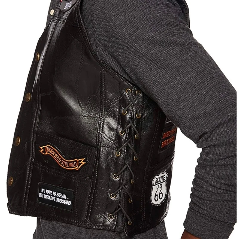 Motocycle Vest Men\'s Stitching Sheepskin Leather Waistcoat with Embroidered Badge Motocross Equipment Motocycle Jacket VL004