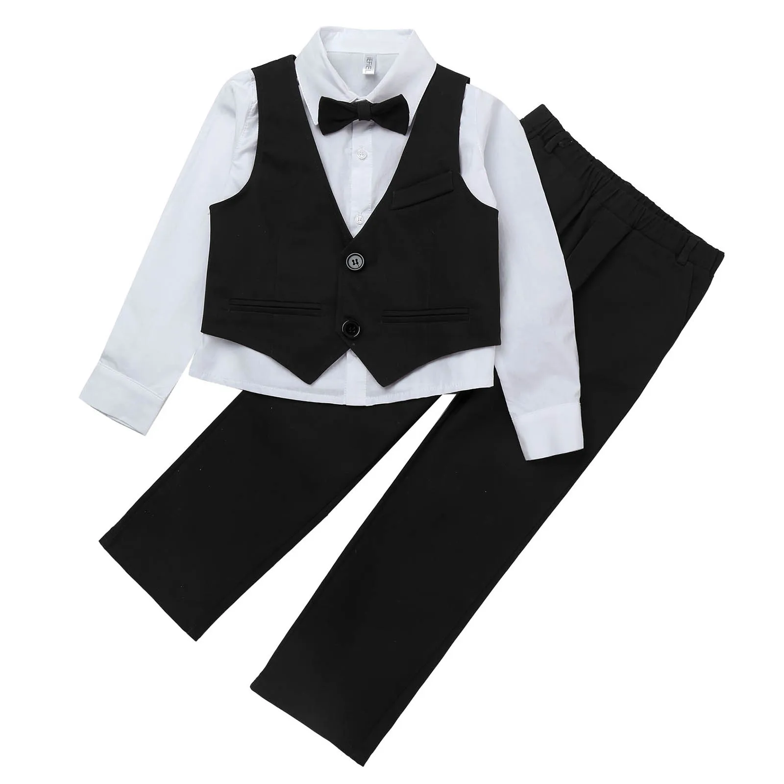 

Boys Gentleman Suits 2023 Lapel Neck Long Sleeve Shirt Vest Pants Sets for Birthday Wedding Formal Party Childrens Clothes Suits