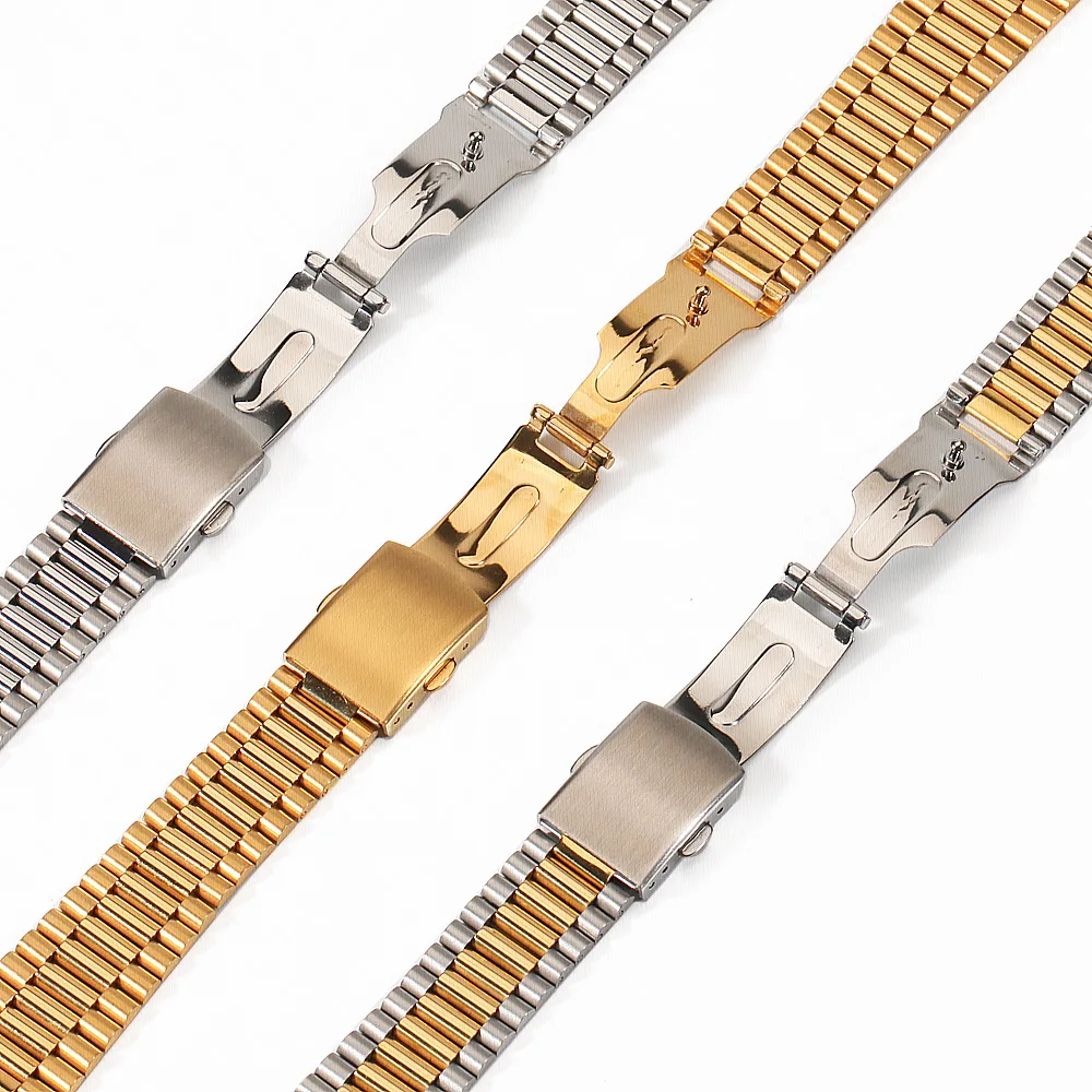 Watch Band 12mm 14mm 16mm 18mm 20mm Stainless steel watch Strap Slim Link 3Rows Replacement Watch Belt Bracelet WristBand w Pins