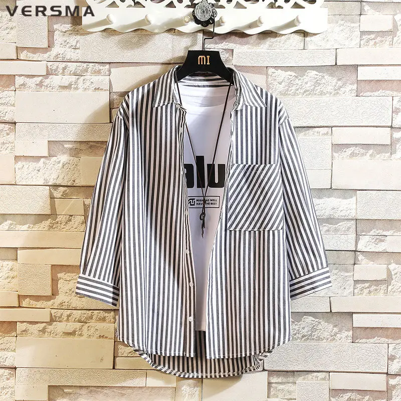 

VERSMA Japanese Harajuku Kpop Three Quarter Sleeve Shirt Men Summer Hip Hop Streetwear Striped Shirt Men Women 5XL Dropshipping