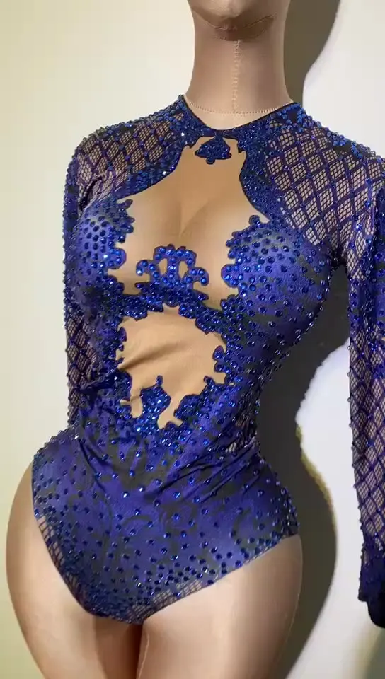 Women Long Sleeve Elastic Crystal Jumpsuit Sexy Blue Print Rhinestone Dancer Bodysuit Female Club Showgirl Stage Leotard Costume