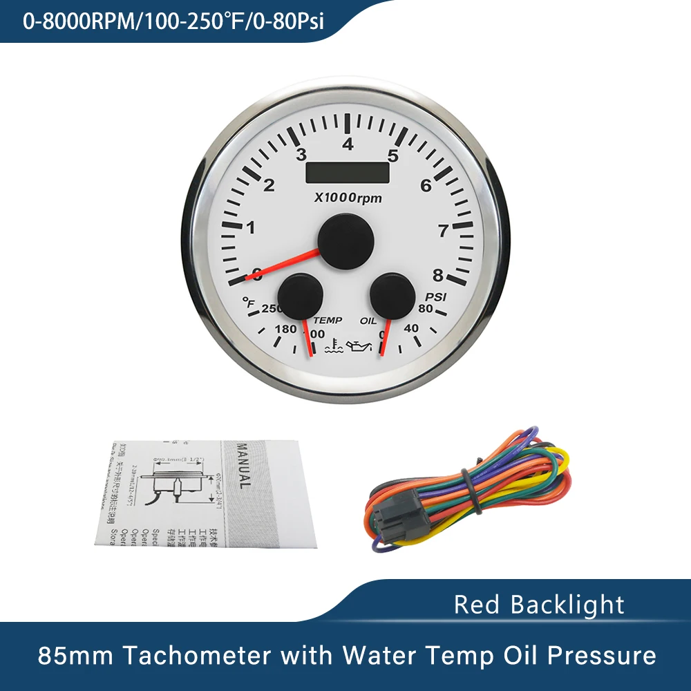 85mm Multifunction 60 MPH Speedometer Tachometer Water Temp Oil Pressure 80 PSI 5 Bar 10 Bar With Red Backlight for Car Boat