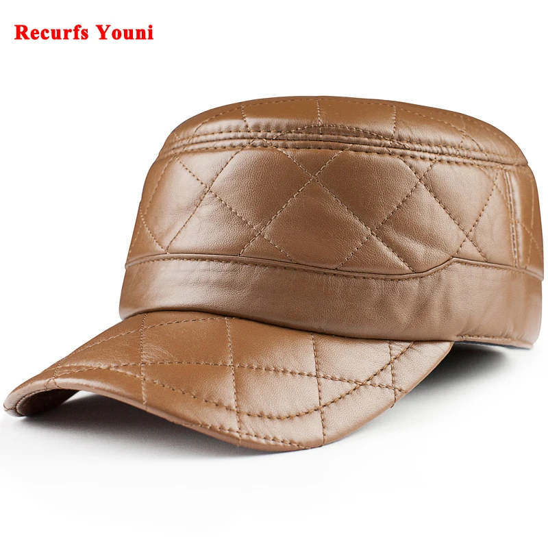 Man\'s Genuine Leather Flat Hats Male Winter Outdoor Warm Diamond Embroidery Check Leisure Cap Trucker 56-60cm Adjustable Gorras