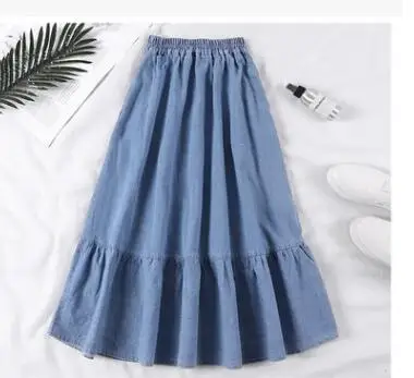 1pcs/lot  Female A-Line Long Denim Skirt Women casual elastic waist Jeans Skirts Dark Blue,Light Blue Plus size