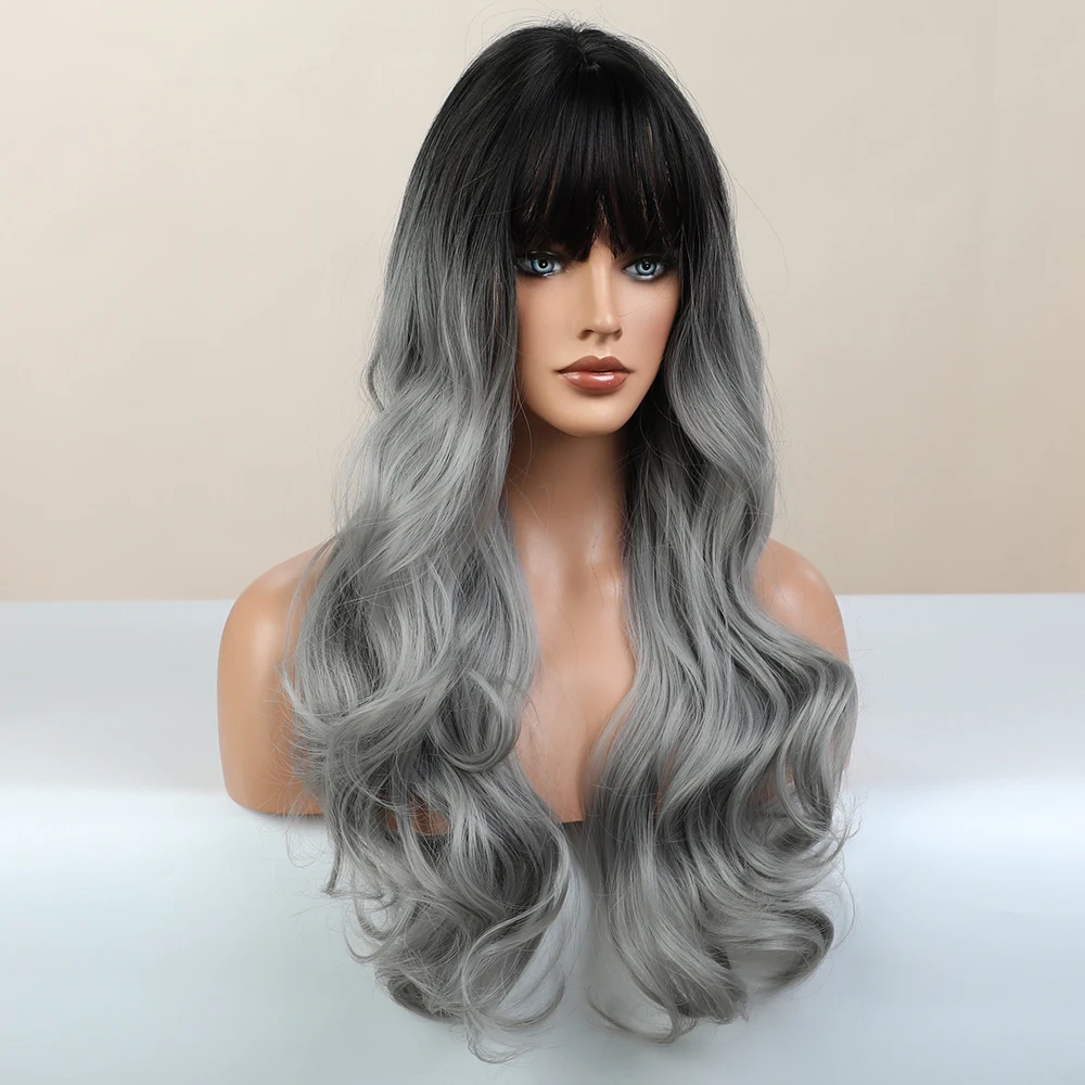 BLONDE UNICORN Long Wavy Synthetic Hair Wigs Ombre Grey for Black White Women Natural Wig Hair with Bangs Heat Resistant Fiber