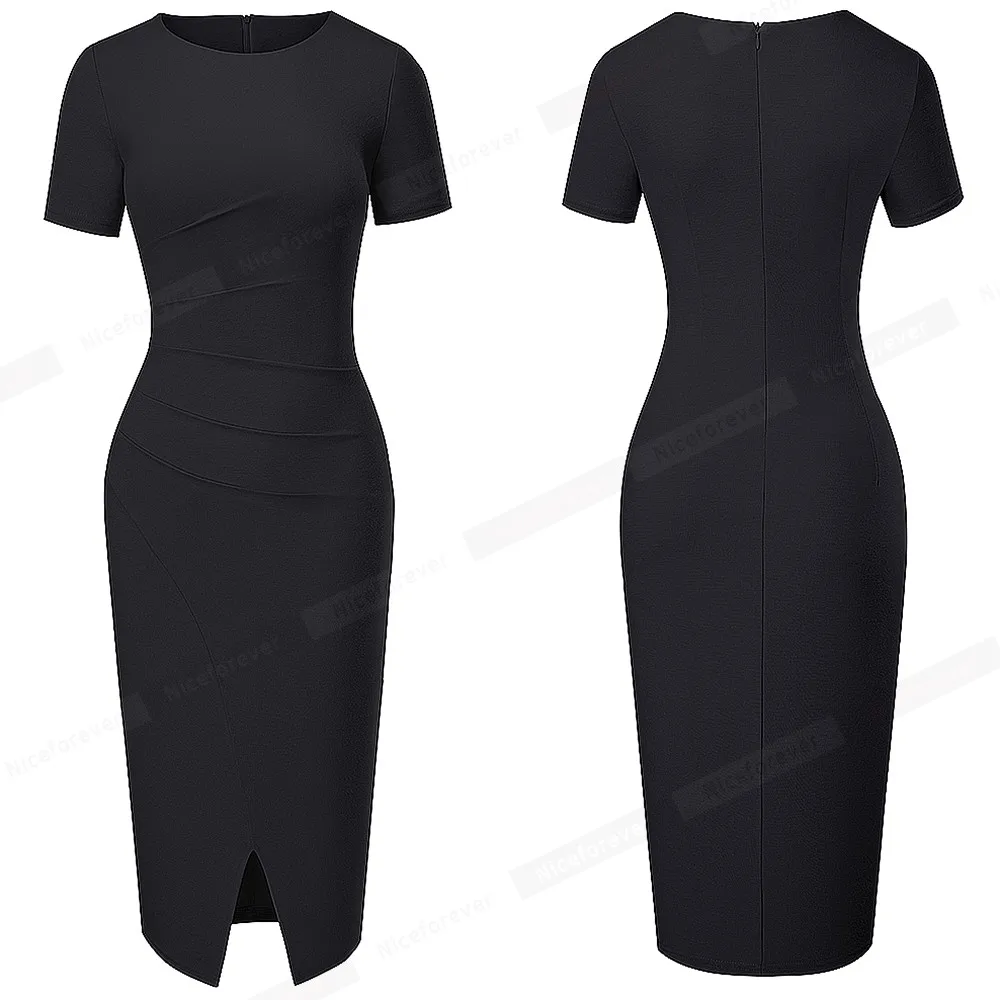 Nice-Forever Summer Women Pure Color Fashion Split Work Dresses Business Party Vintage Bodycon Dress B651