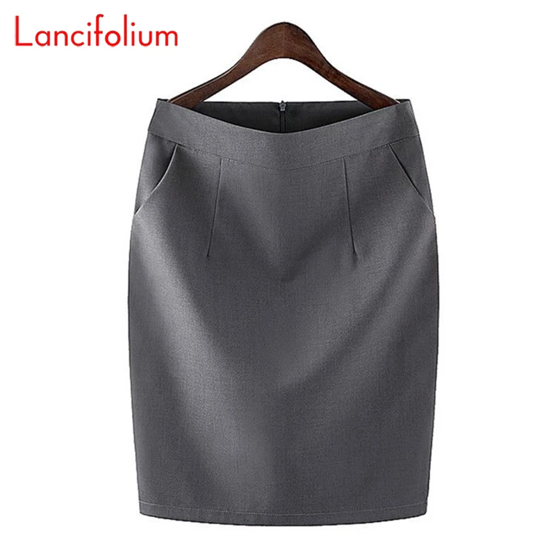 Knee Length Work Office High Waist Skirt Women Summer Vintage Formal OL Skirt Pocket Female Black Grey Bodycon Business Skirt