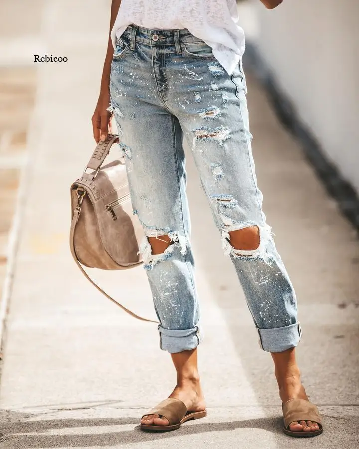 

New Women Fashion Mid Waist Boyfriend Big Ripped Hole Jeans Casual High Street Denim Pants Sexy Vintage Pencil Calca Jeans