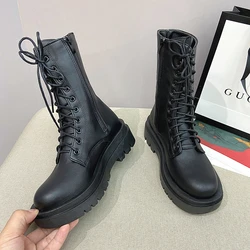 Botas de piel sintética para mujer, botines de media caña con plataforma y tacón grueso, color blanco, otoño e invierno, 2021