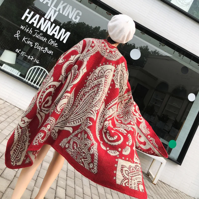 

Retro Folk Style Warm Thick Knitted Imitation Cashmere Split Long Cloak Ladies Blanket Autumn And Winter Cape Explosion Shawl