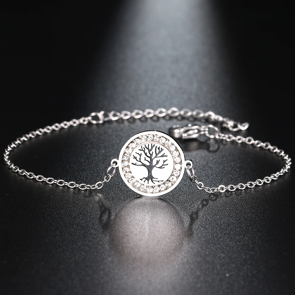 Stainless Steel Bracelets 3A Crystal Zircon Fortune Tree Fashion Pendant Chain Charm bracelet For Women Jewelry Party Best Gifts