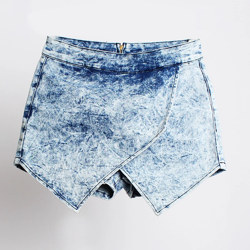 New Crossing and Layering Irregular Tie Pattern Wide Leg Denim Shorts and Skirt Pants