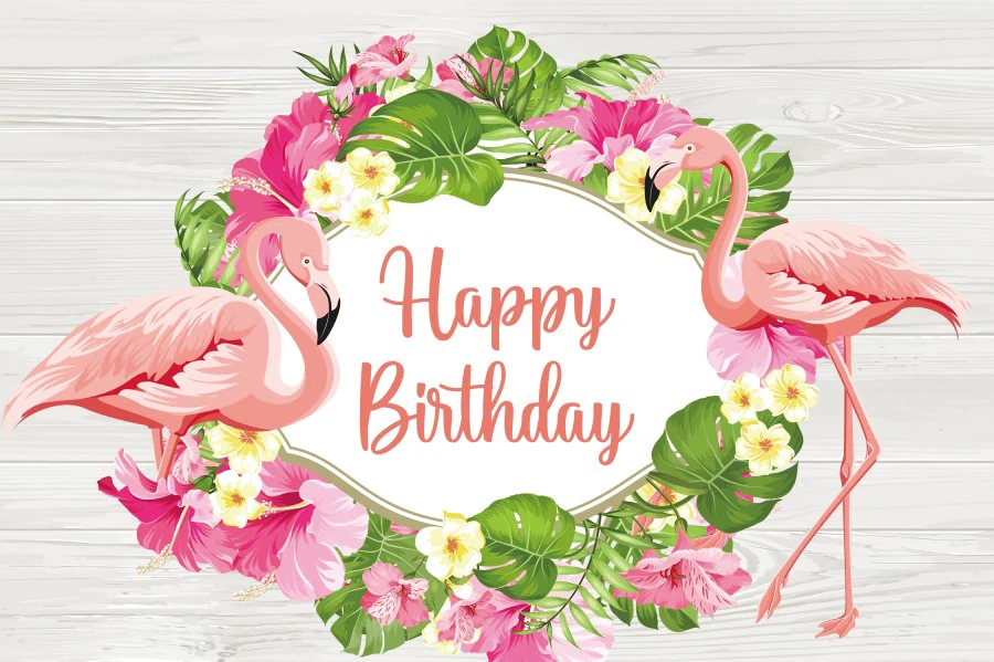 Laeacco Flamingo tropikalne rośliny kwiat fotografia tło wszystkiego najlepszego z okazji urodzin deski drewniane dziecko dostosowane tło Photocall