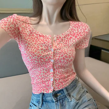 여성용 귀여운 레드 레오파드 프린트 티셔츠, 하라주쿠 패션 센터 버튼 티셔츠, 크롭탑, 반팔, 고딕 티셔츠