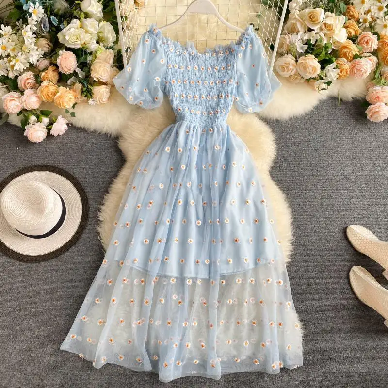 Summer women's dress small daisy collar super fairy sweet net yarn gentle wind beach wind long skirt