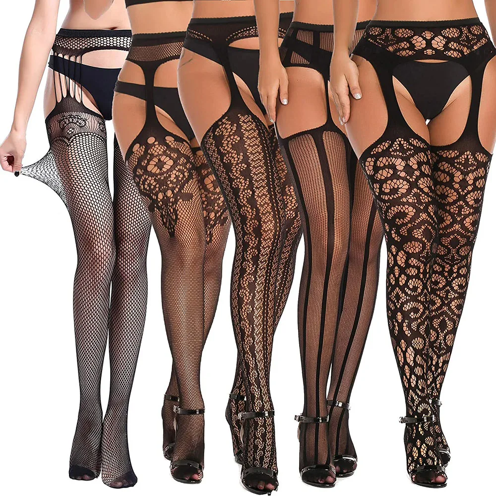 

Womens 5 Pairs Suspender Pantyhose Sexy Fishnet Stocking Lingerie Thigh High Tights Garter Belt