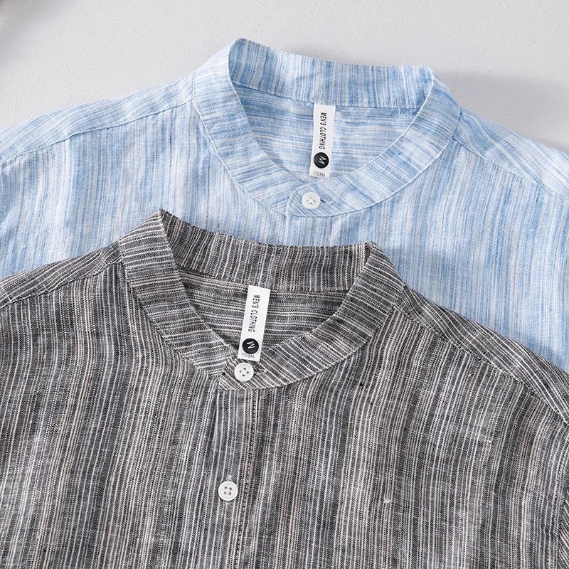 

Новый стиль, полосатые рубашки из чистого льна с короткими рукавами и воротником-стойкой, синие рубашки мужские брендовые повседневные модные рубашки для мужчин, сорочка, топы camisa для мужчин