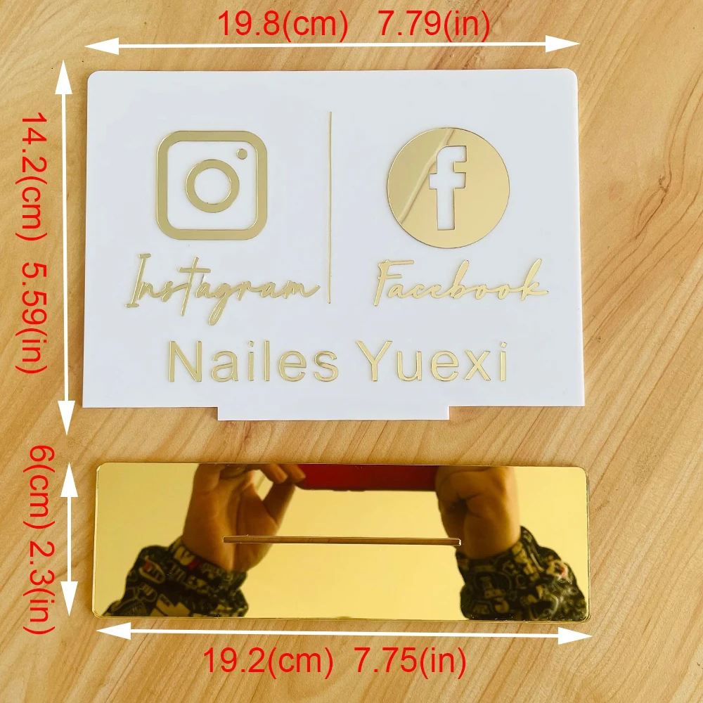 Custom Instagram Facebook White Table Sign Personalized Mirror Gold Acrylic Laser Cut Twitter YouTube Shop Store Sign with Base image 3