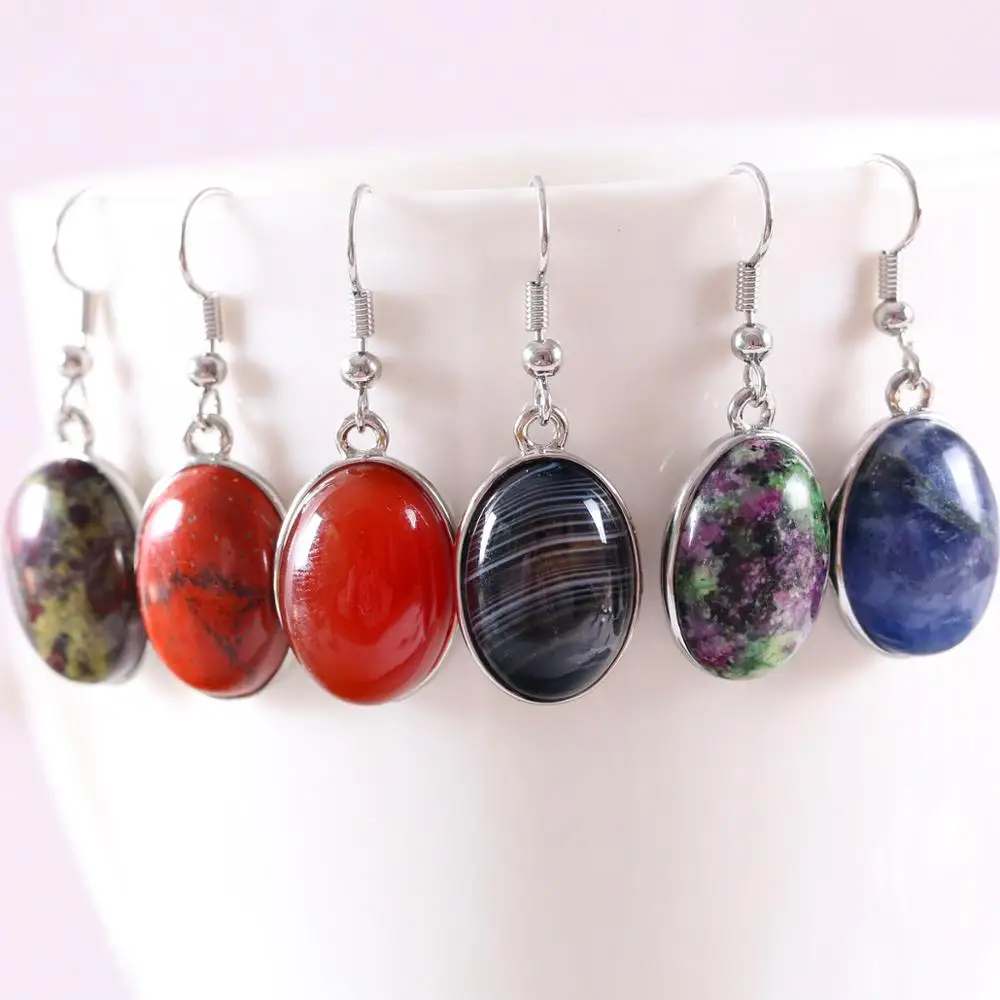 Natural Stone Dangle Earrings For Women Real Blue Onyx Oval Beads Stainless Steel  Earrings 1Pair