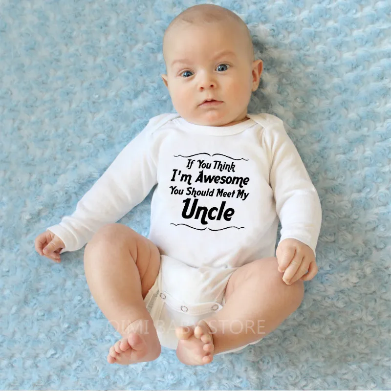 Baby Funny Bodysuit If You Think I\'m Awesome You Should Meet My Uncle Newborn Infant Boys Girls Long Sleeve Onesie Clothes