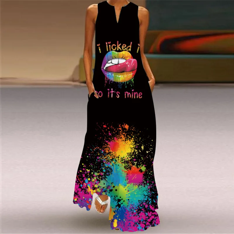 Fashion Boho Sleeveless Loose Maxi Dress Women Party Luxury Elegant Sexy Beach Robe Oil Painting Style Printed Long Dresses