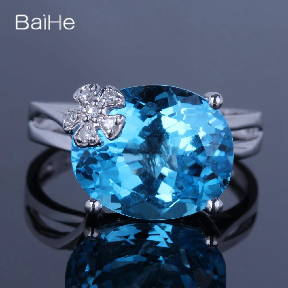 BAIHE Solid 14K White Gold Natural Dark Blue Topaz rings for women Engagement Party Trendy Fine Jewelry кольца anillos anel