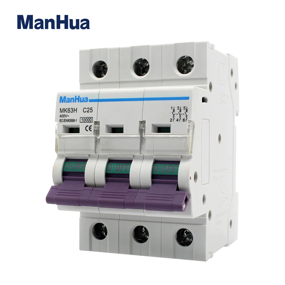 MK63H Household Air Switch Machine Three Poles C Curve MCB 16A 20A 25A 25amps 3P 10KA Miniature Circuit Breaker AC 230V DIN Rail