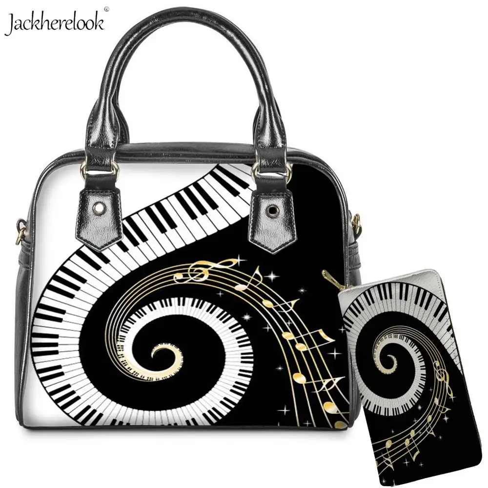 2Pcs/set Musical Notes Shoulder/messenger Bag Purse Pu Leather Handle Totes and Art Musical Wallet Piano Keyboard Print Handbag