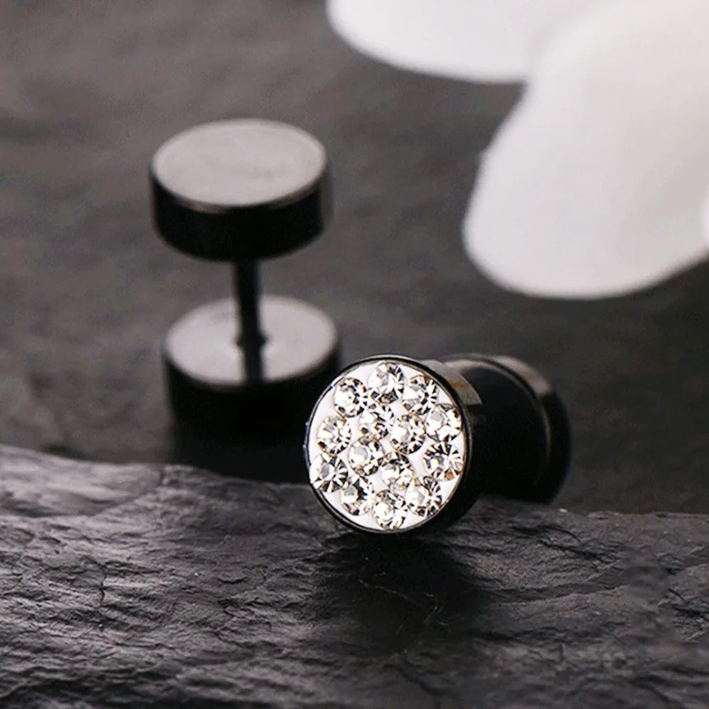 Ohrstecker mit tschechischen Kristallen für Jungen, Edelstahl, Herren-Ohrringe, schwarze Farbe, Ohrstöpsel, Langhantel-Ohrpiercing, Unisex-Schmuck – Detail 5