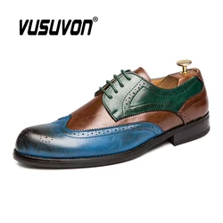 Big Size 38-47 British Men Oxfords Leather Shoes Green Blue Brogue Shoes Handmade Formal Dress Loafers Mixed Color Fashion Flats