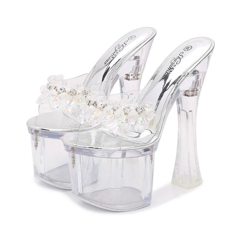 17.5CM Ultra High Heel Summer Women Shoes Transparent Platform Ladies Open Toe Sandals PVC Clear Glass Bead Wedding Office Pumps