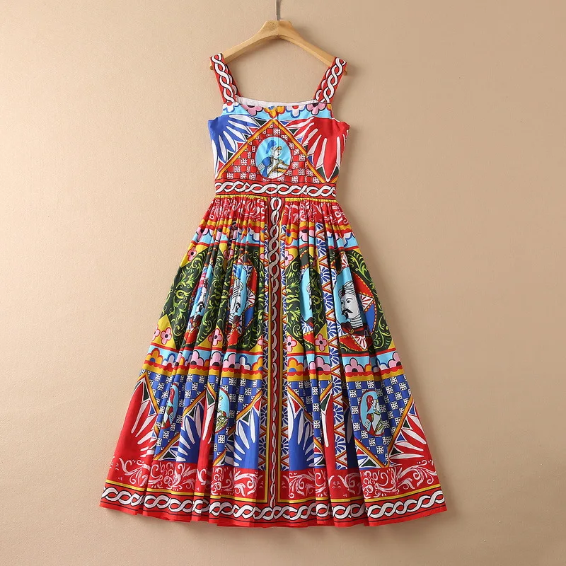 European and American women's wear new autumn 2022  Condole belt  Fashion palace retro printed cotton pleated dress