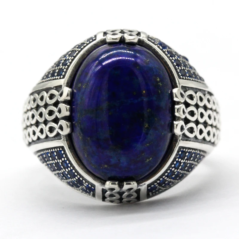 Lapis Lazuli Stone for Men 925 Sterling Silver Blue Stone Vintage Stripe Ring Turkish Thai Silver Jewelry for Male Women Gift