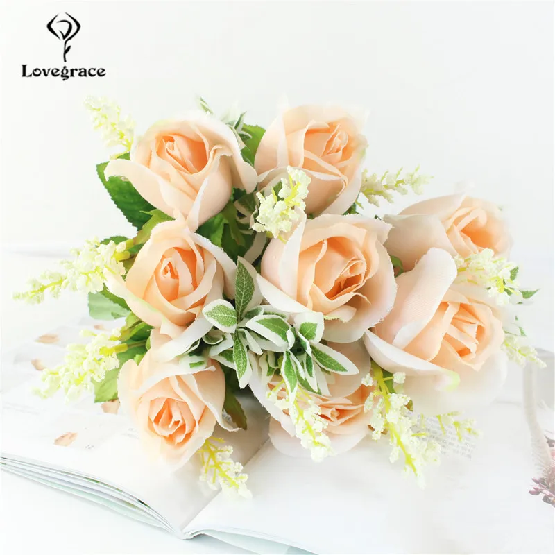 

8 Heads/Bouquet Champagne Wedding Bouquet Bridesmaid Bridal Bouquet Artificial Roses Fake Flower for Home Wedding Decoration