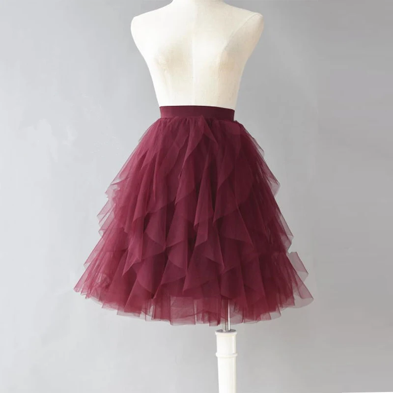 

New Romantic Burgundy Tulle Skirt Puffy Elastic Waist for Female Wedding Skirt Elegant Knee Length Wine Red Ripple Skirt 2021