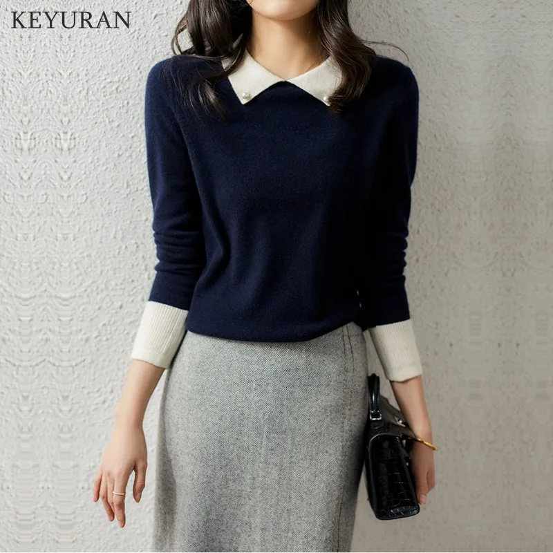 Women Knitted Sweater Pullover Autumn Korean Vintage Pearl Beading Turn-down Collar Long Sleeve Patchwork Sweater Jumper Female