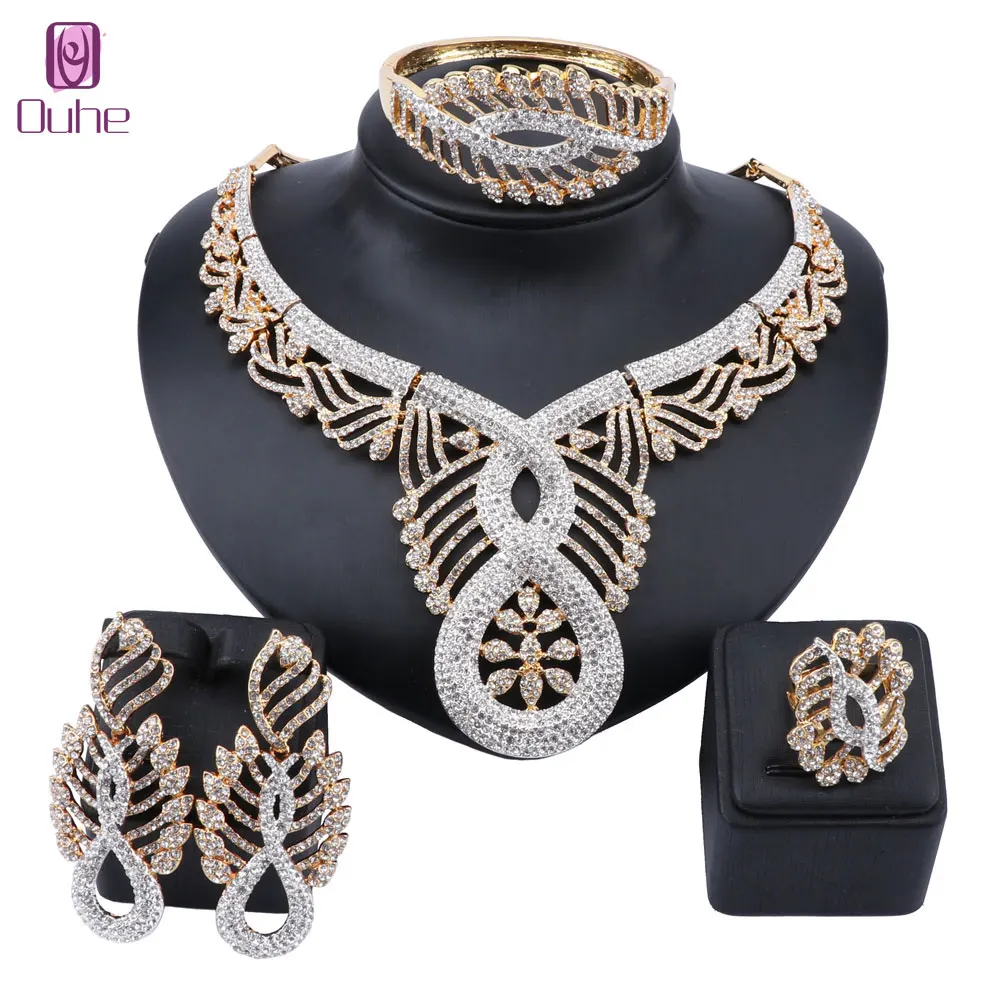 

Women Luxury African Beads Jewelry Set Full Rhinestone Necklace Earring Ring Bangle Wedding Party Jewellery Set