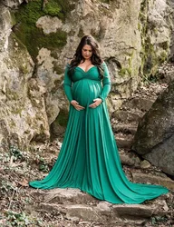 Long Tail Maternity Dresses Photography Props V-Neck Maxi Gown Cotton Dress Pregnant Women Pregnancy Autumn Photo Shoot Clothes