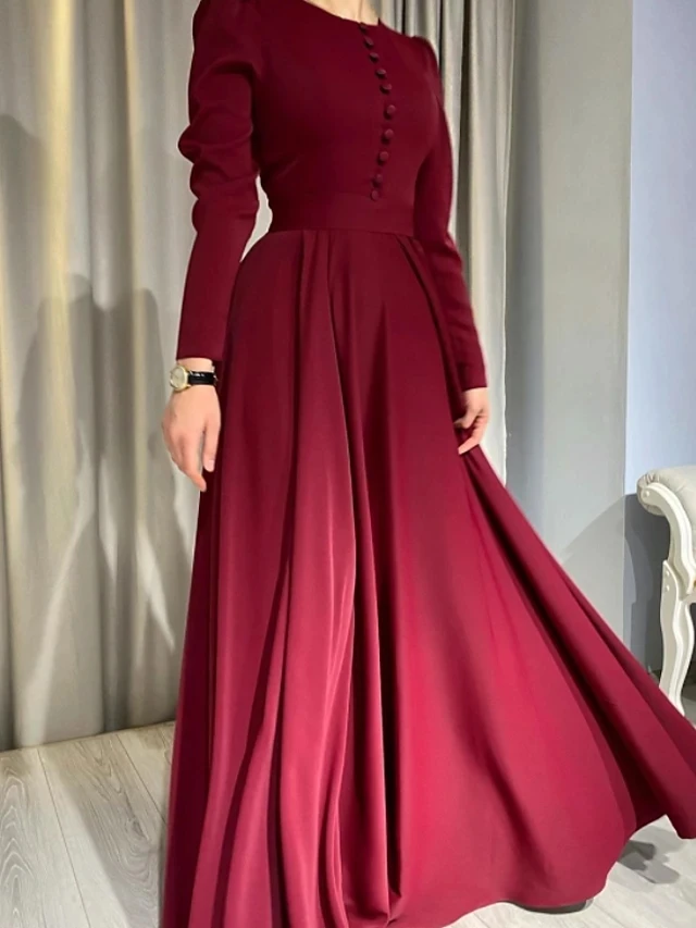 Simple Burgundy Arabic Muslim Evening Dress Jewel Neck Long Sleeve Floor Length Soft Satin with Buttons Prom Party Gowns