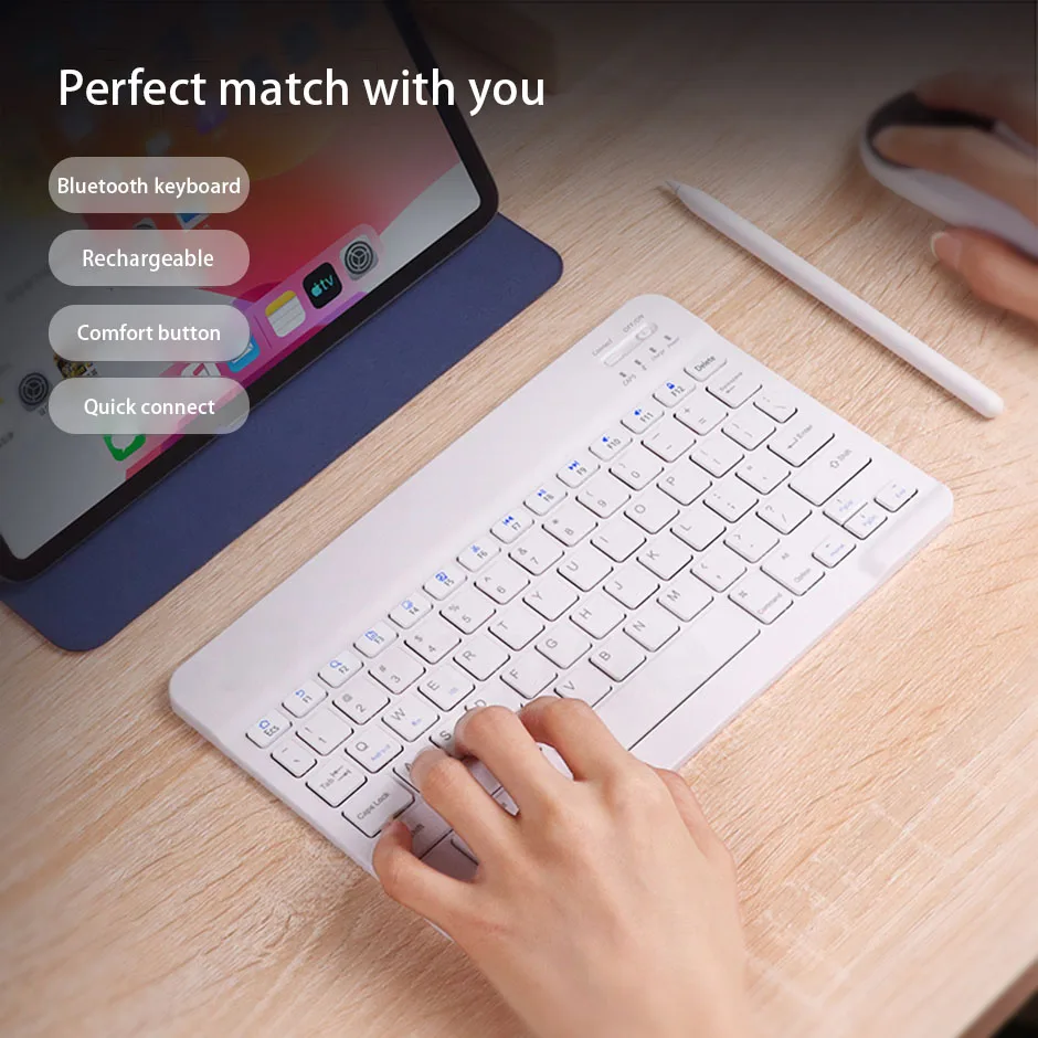 Мини Беспроводная Bluetooth клавиатура и мышь для планшета универсальная для Samsung Xiaomi iPad ультратонкая светло-розовая английская клавиатура