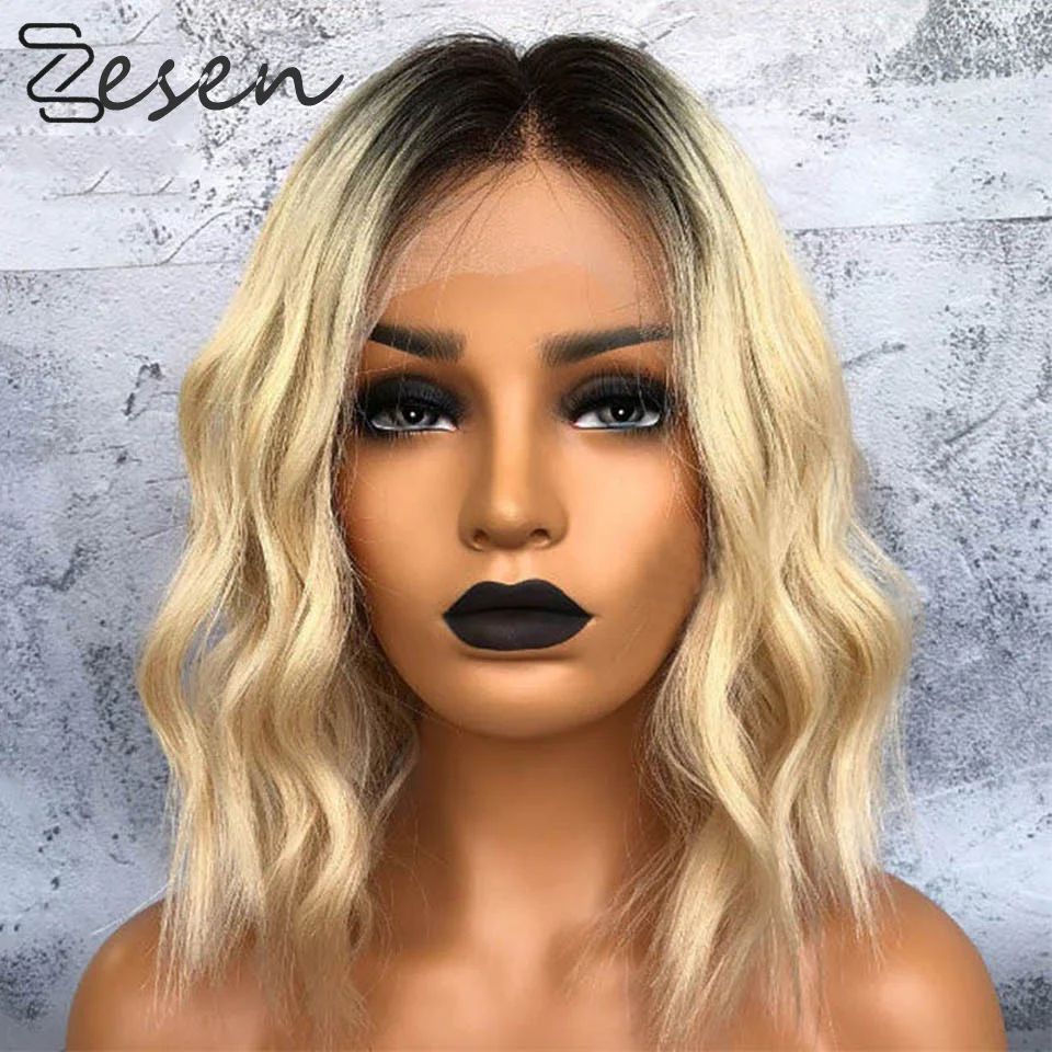 

Zesen 13*4 Lace Front Synthetic Hair Wigs Ombre Honey Blonde Colored Natural Wave Short Bob Lace Wig For Women