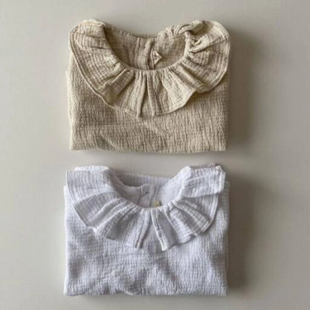 White/beige Newborn Baby Girl Cotton Shirt Ruffled Crew Neck Long Sleeve Linen Shirt Blouse Toddler Girls Soft Casual Tops